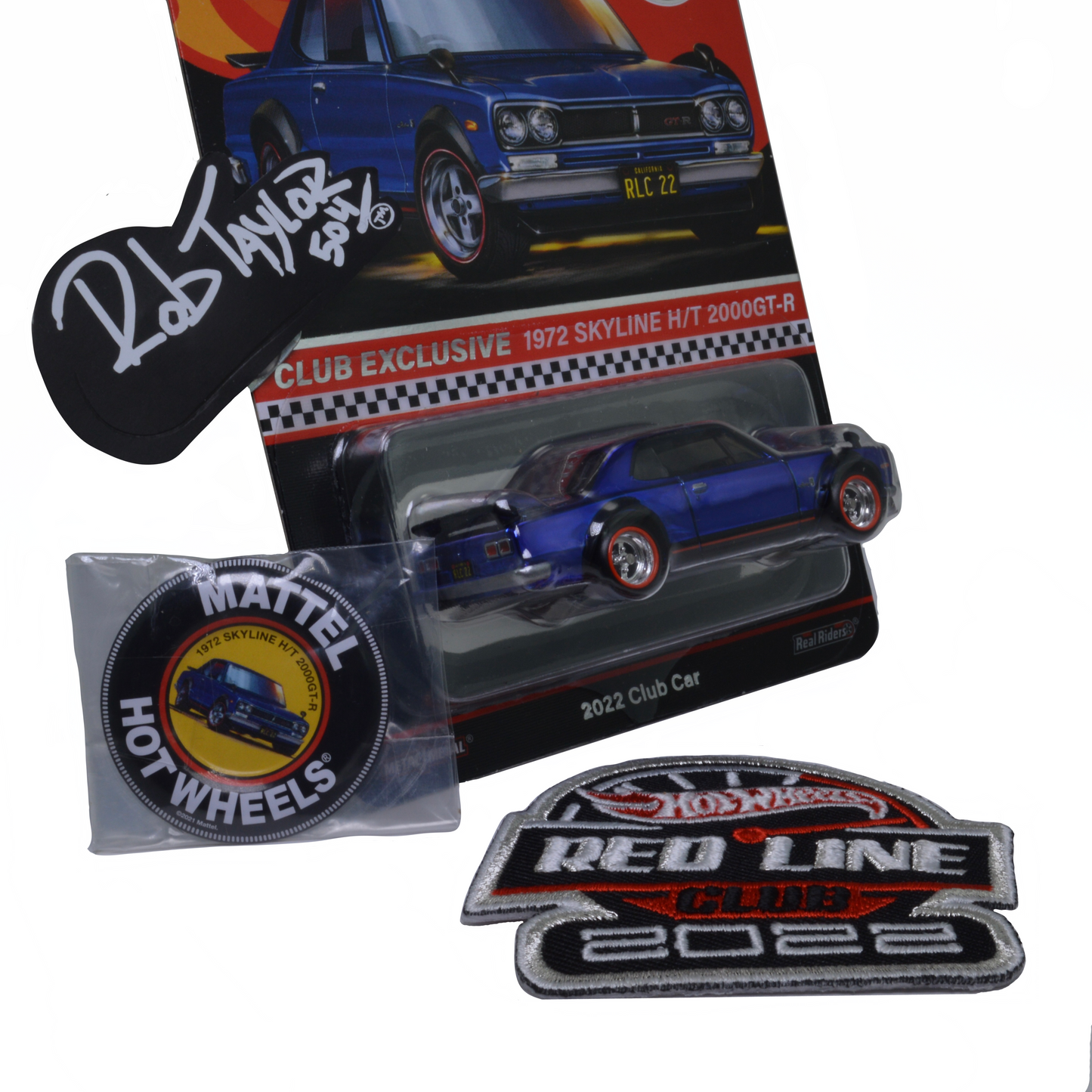 AUTOGRAPHED REDLINE CLUB HOTWHEELS 1972 SKYLINE H/T 2000 GTR w/PATCH & BUTTON 1:64 SCALE